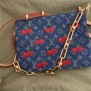 Louis Vuitton Blue Crossbody Bag with Red Cherry Design